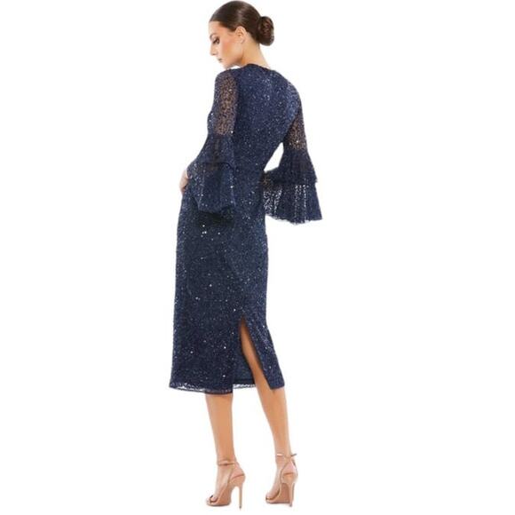 Mac Duggal Fully Sequined Ruffle Tiered 3/4 Sleeve Midi Dress Blue 10802 6 NWT - Picture 2 of 7